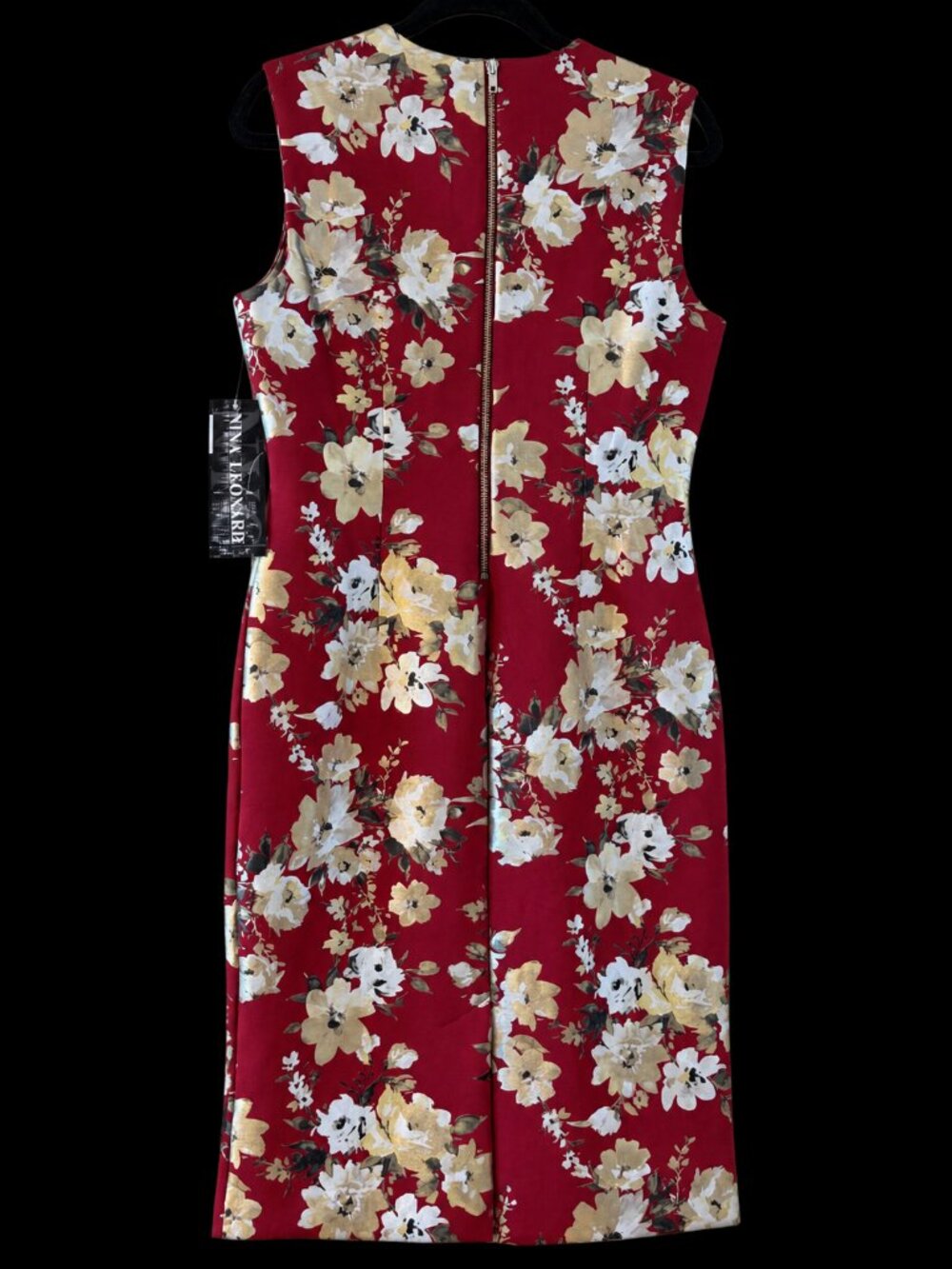 Nina Leonard Floral Sheath Dress M Burgundy Gold Metallic V Neck Stretch NWT - Picture 3 of 10